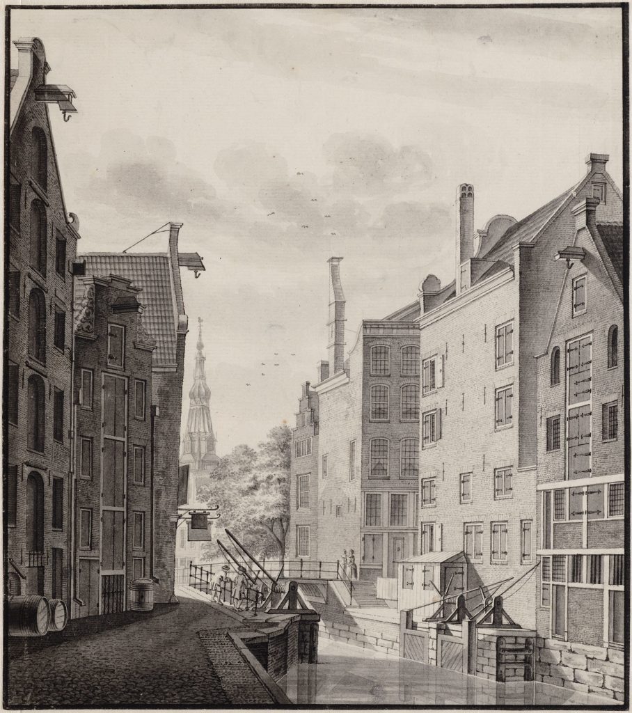 Oudezijds Kolk 13-17. The Kolksluis and the Zeedijk, made by Caspar Philips Jacobsz (1732-1789). Source: Beeldbank Amsterdam City Archives.