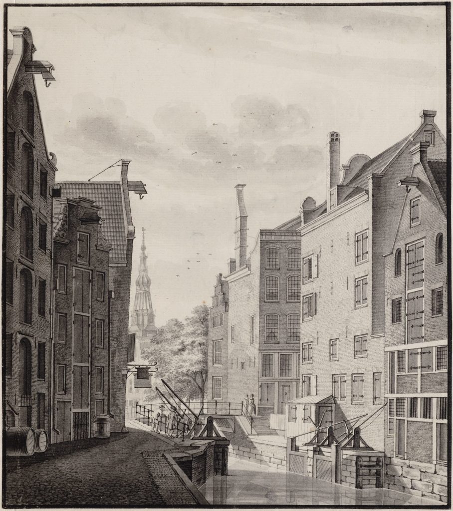 Oudezijds Kolk 13-17. The Kolksluis and the Zeedijk, made by Caspar Philips Jacobsz (1732-1789). Source: Beeldbank Amsterdam City Archives.