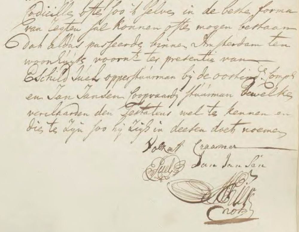 Eschel Juel as a witness, with his signature. Source: NL-SAA, 5075, inv. nr. 13009, nr. 201, 11 September 1760.