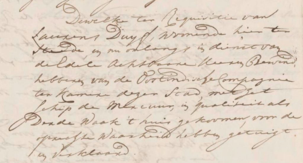 Laurens Duijff returned in Amsterdam as third mate on the ship Mercuur. Source: NL-SAA 5075, inv. nr. 15321, nr. 511, 23 July 1778.