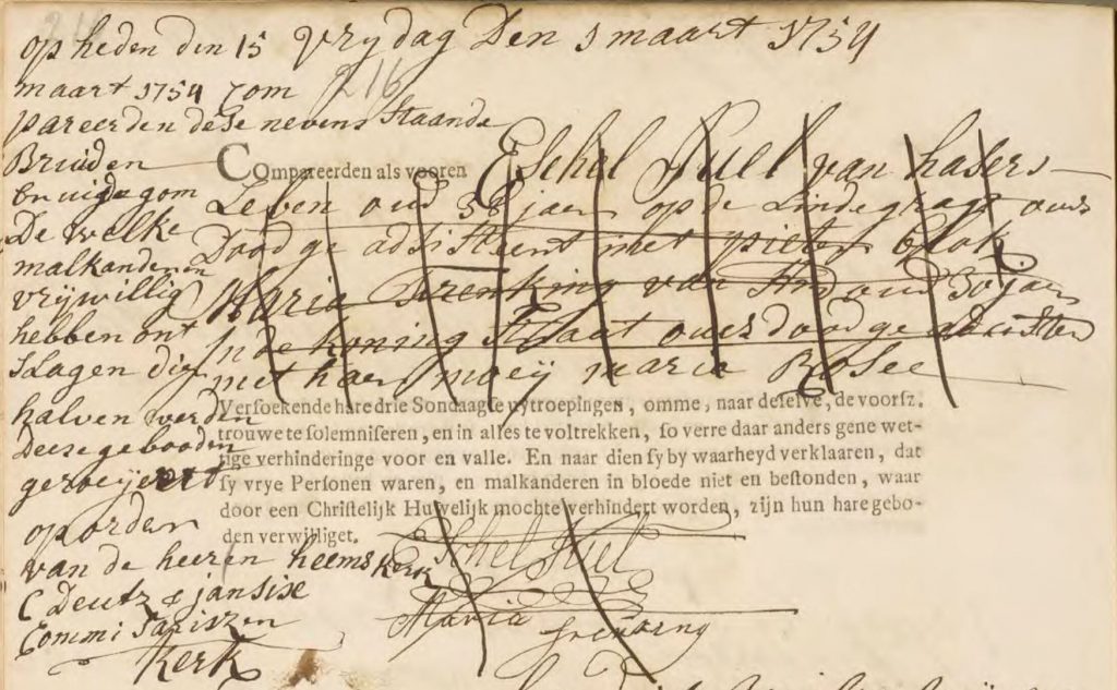 The registration of the marriage of Eschel Juel and Maria Frenking. Juel was 38 years old. Source: NL-SAA, 5001, inv. nr. 733, p. 216, 1 March 1754.