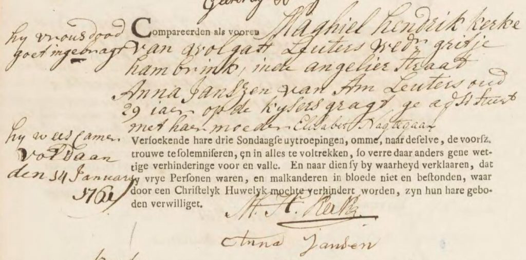 Marriage registration of Michiel Hendrik Kerke and Anna Janssen. Source: NL-SAA, 5001, inv. nr. 738, p. 24, 9 January 1761.