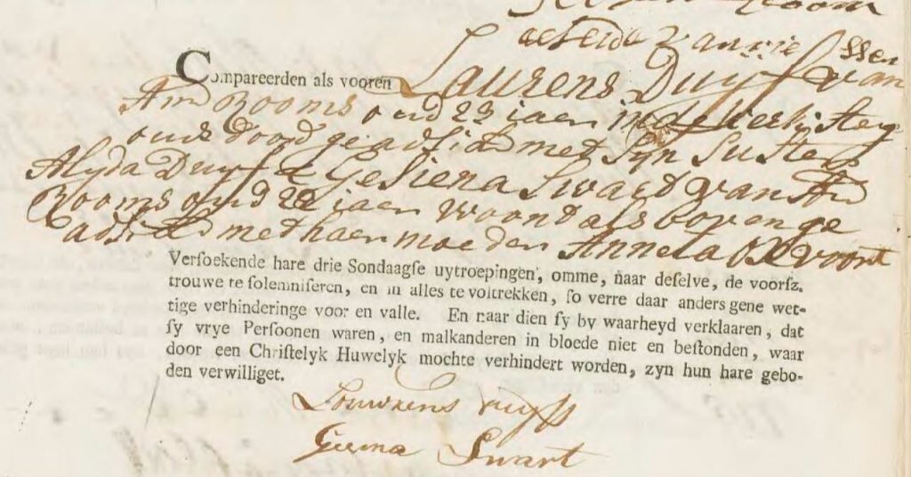 Laurens Duijff and Christina Swart registered their marriage on 16 February 1776. Source: NL-SAA 5001, inv. nr. 748, p. 567.