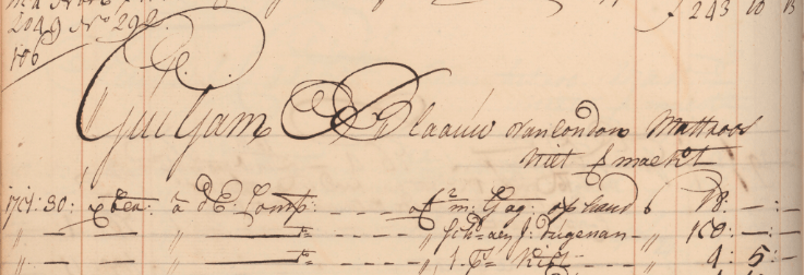 Scan of the entry of ‘Guiljam Blaauw van London’ in the pay ledger of VOC ship Huis ter Duine.
Source: NL-HaNA, 1.04.02, inv. nr. 6281, fo. 106.
http://hdl.handle.net/10648/85eaa66f-e94d-3a3d-1626-8e9002fc4218