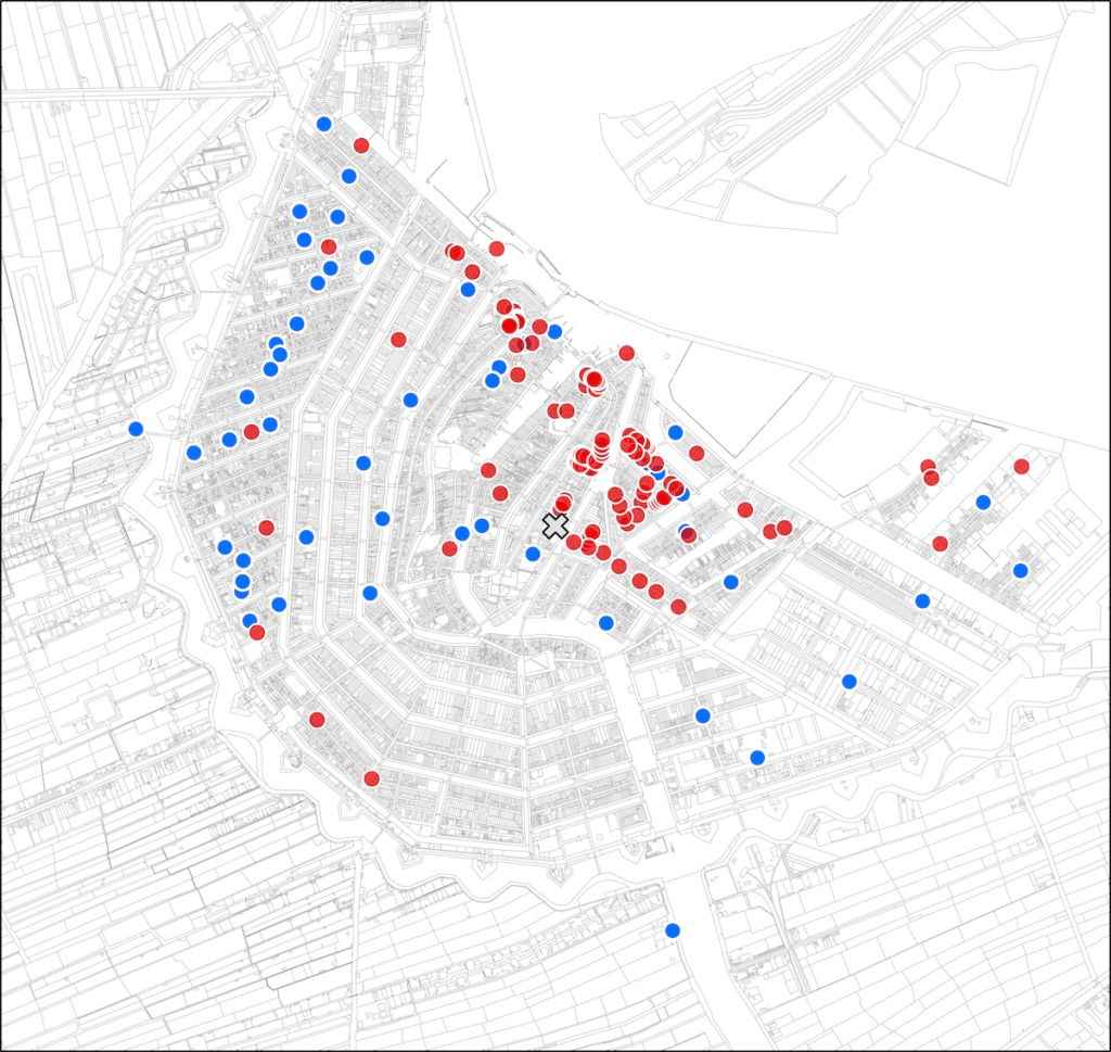 Map of Amsterdam, showing the addresses of 197 crew members of the VOC ships Alkemade, Mentor and Vrijheid, shortly before departure in November 1775. The blue dots represent Dutch sailors, the red ones migrants. The ‘X’ in the centre of the map represents the site of the East India House. Source: Jelle van Lottum and Lodewijk Petram, In de schaduw van de stad (Amsterdam: Ambo|Anthos 2023).